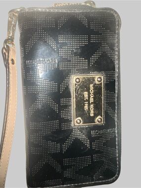 Michael Kors Black and Tan Logo Wristlet Wallet with Gold Plaque